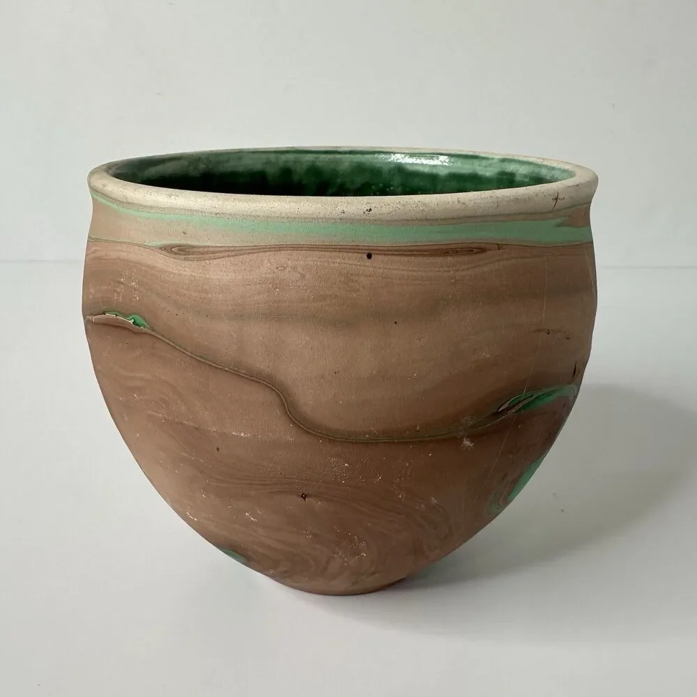 Art Pottery Planter Marked Yosemite National Park Vase Green Brown Swirl 4
